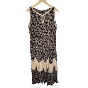 Lola P Boho Maxi Dress XL Brown Cream Floral Paisley Sleeveless Rayon